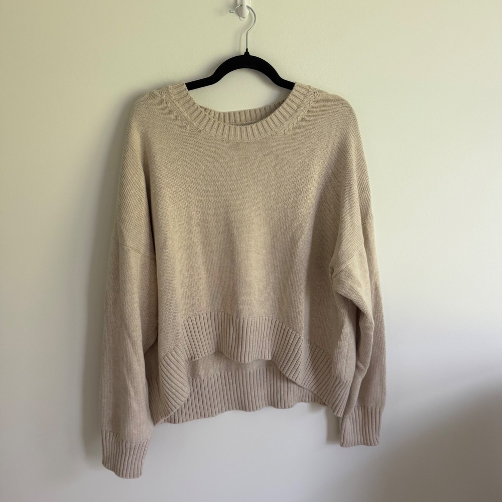 Quince 100% Organic Cotton Oversized Shaker Stitch Crewneck Sweater Beige Large